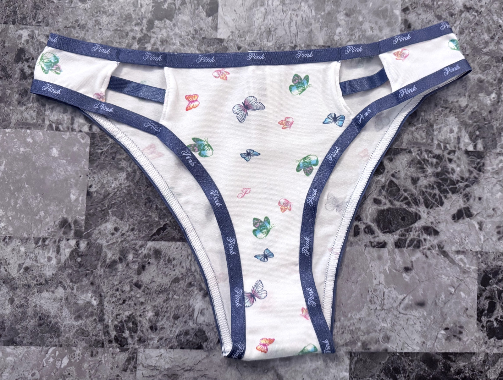 NWT VICTORIA’S SECRET PINK BLUE BUTTERFLY LOGO STRAPPY CUTOUT CHEEKY PANTIES