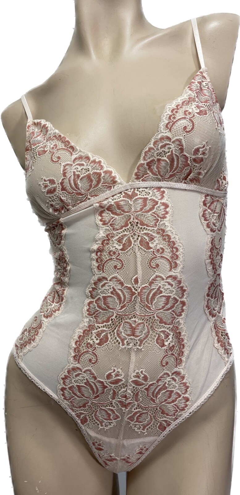 NWT $54 In Bloom by Jonquil Thong Bodysuit SMALL Nude w Coral Florals Stretchy