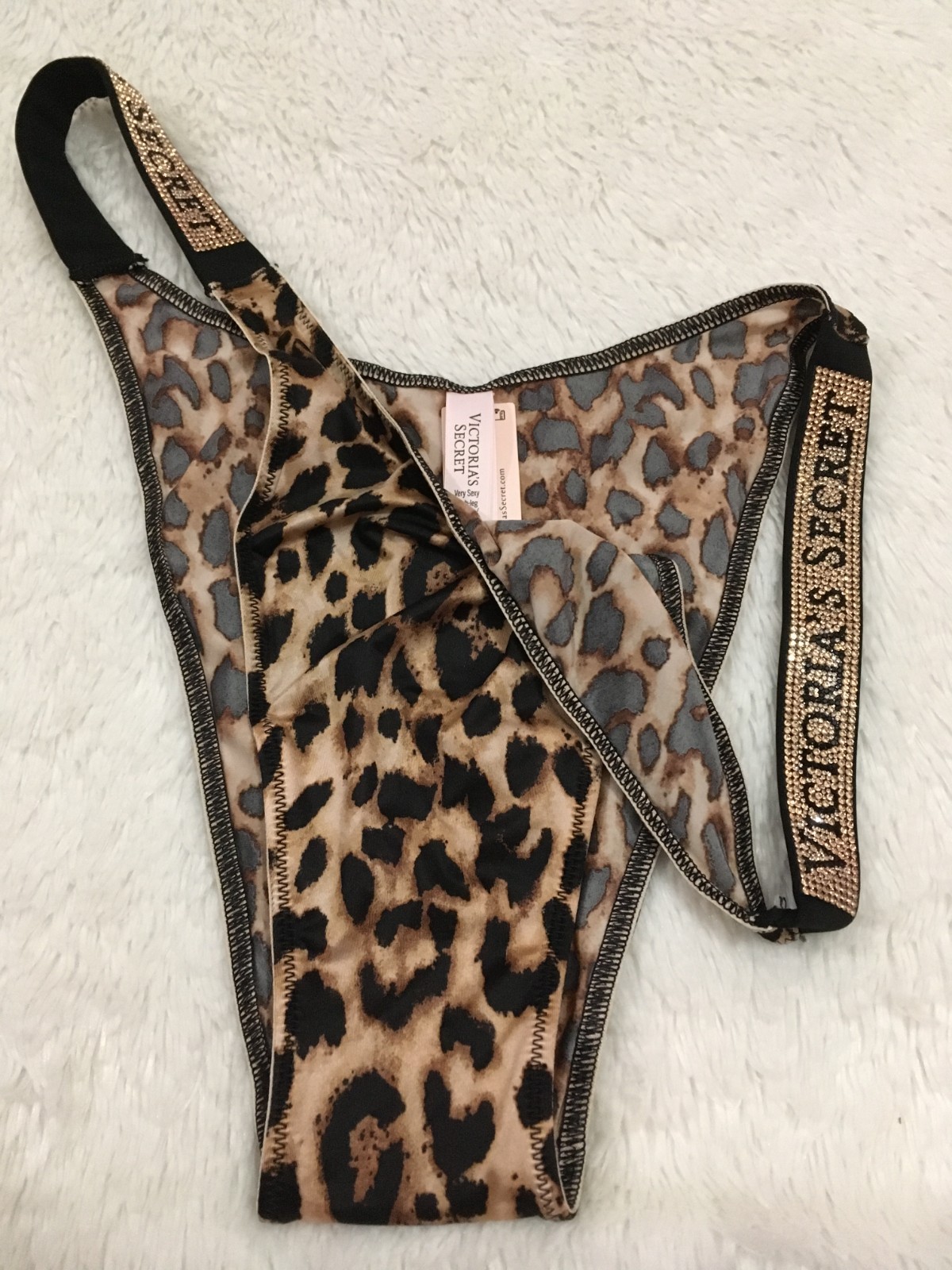 XL VICTORIA’S SECRET Shine Strap BRAZILIAN Panty RHINESTONE Logo Satin Leopard