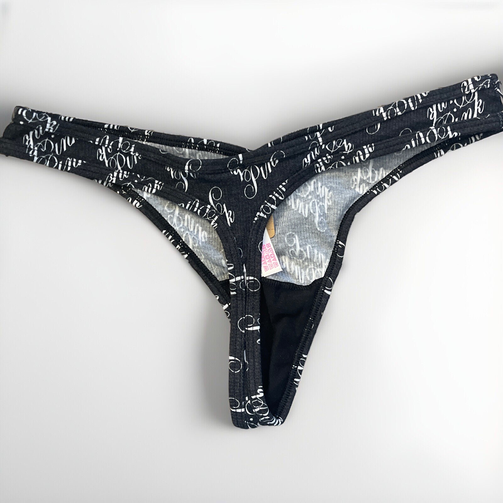 NEW Victoria’s Secret PINK Thong String V-Cut Rib Pure Black Script Large