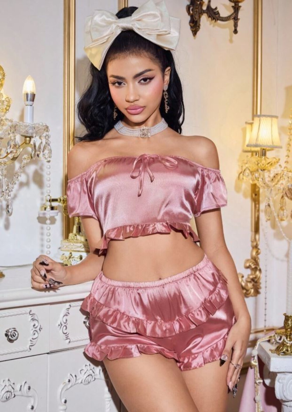 Women’s Satin Pyjama Set 2-Piece Off-Shoulder Crop Top & Ruffle Shorts – M / 10