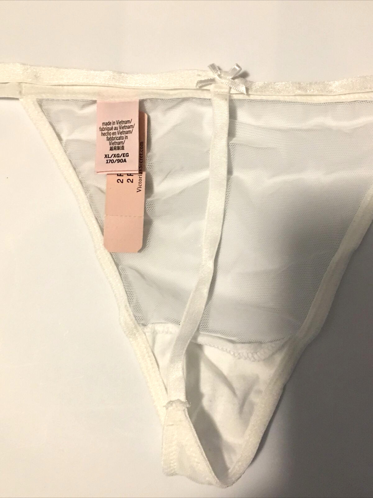 Victorias Secret White Mesh Front V-String Thong Panties Size XL Sheer Bow Back
