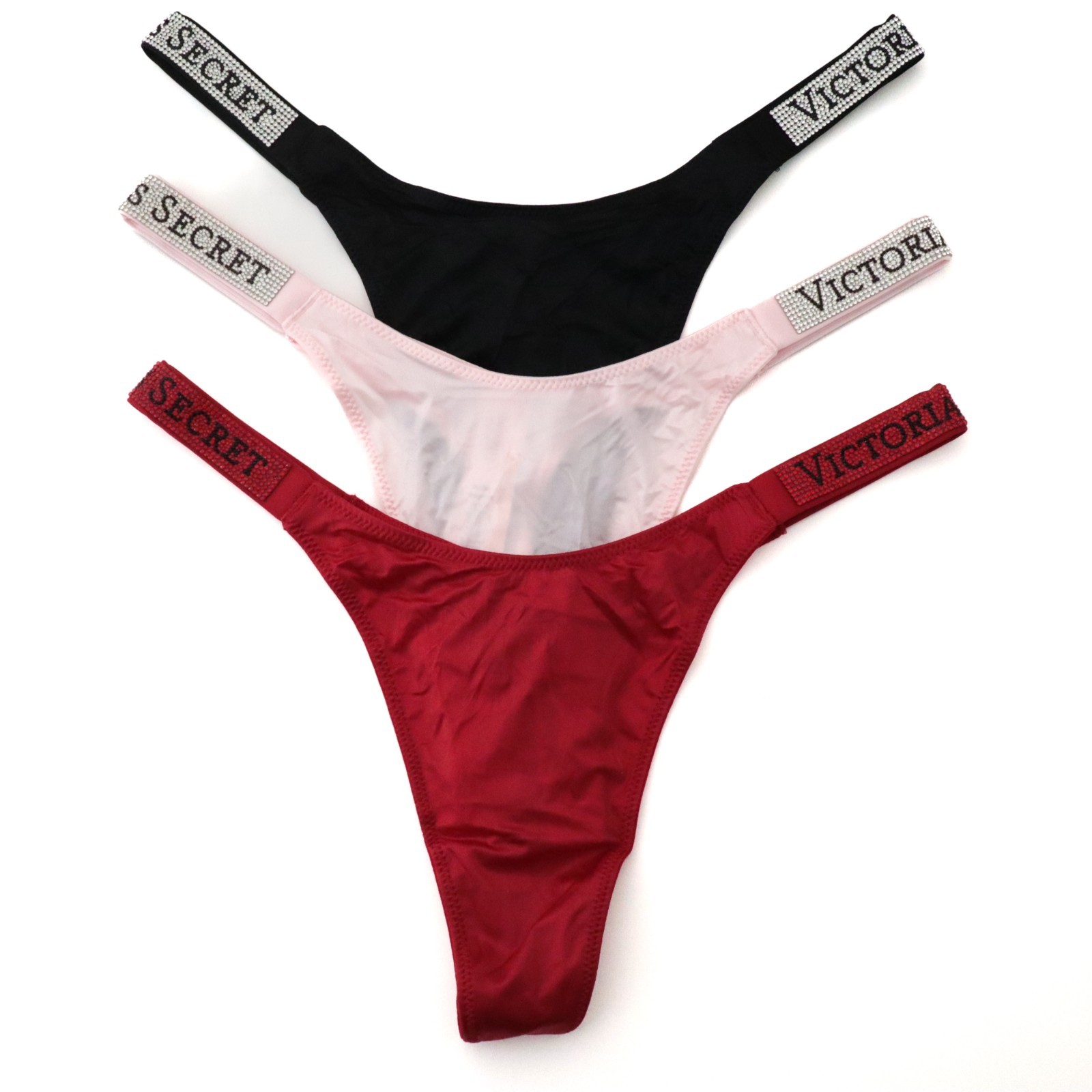 3 Victoria’s Secret Very Sexy Satin Logo Shine Strap Thong Panty LOT XS S M L