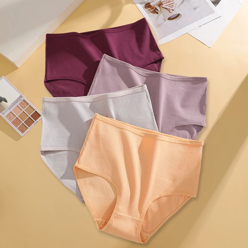 High Waist Cotton Panties Women’s Solid Seamless Soft Stretch Briefs 4 Pcs