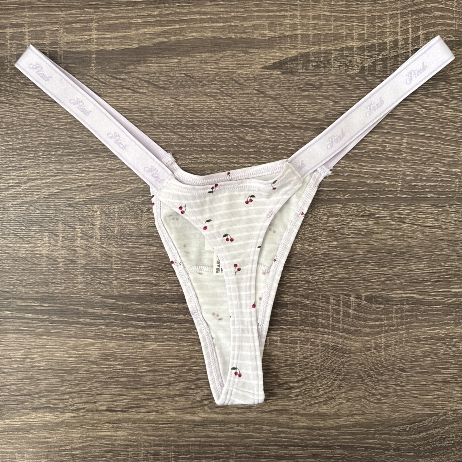 Pink By Victoria’s Secret Medium Lavender Cherries, Extra Low Logo Thong Panties