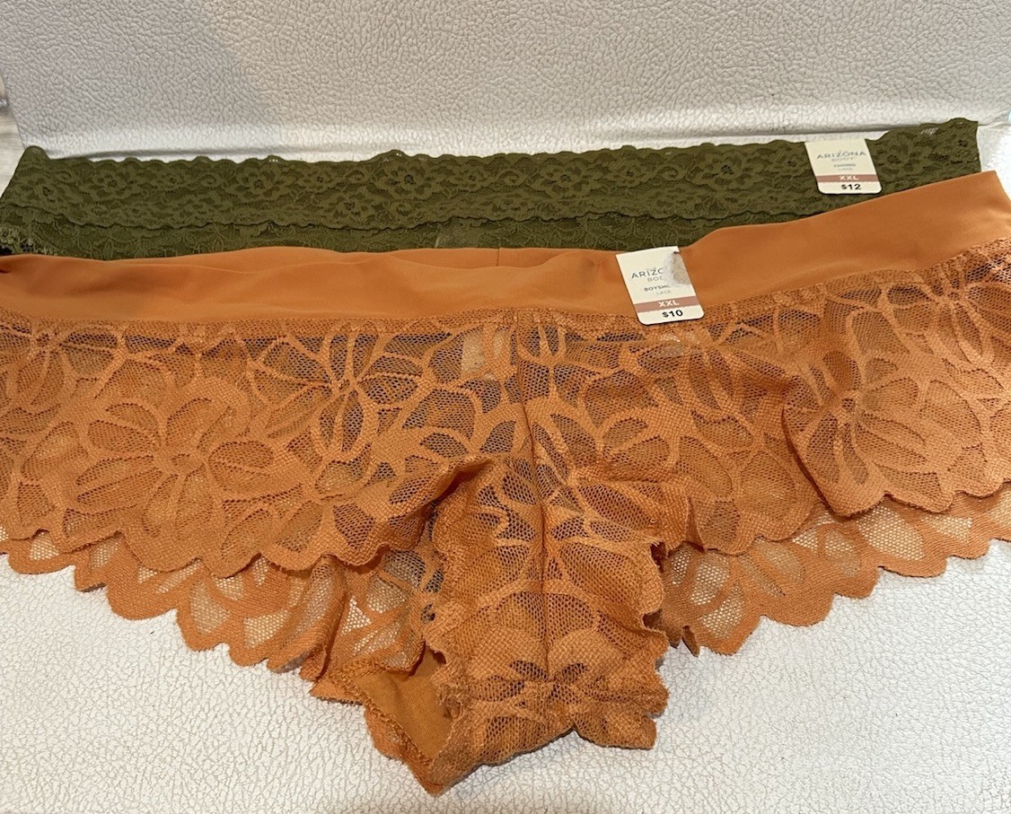 2 prs Arizona Floral Lace Panties Olive Thongs, Orange Boyshort Size XXL