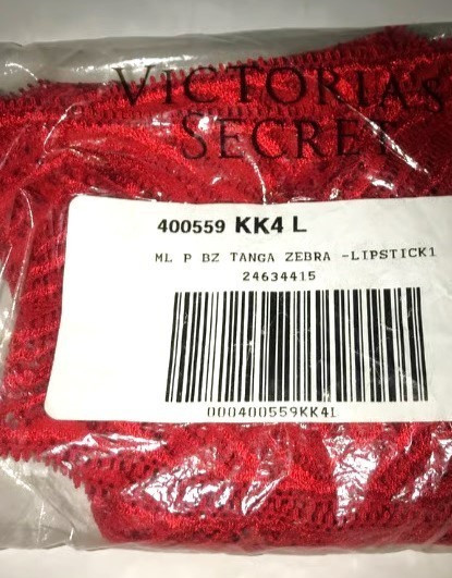 VICTORIAS SECRET Very Sexy Luxe Lingerie Brazilian Tanga Panty Red Zebra lace L