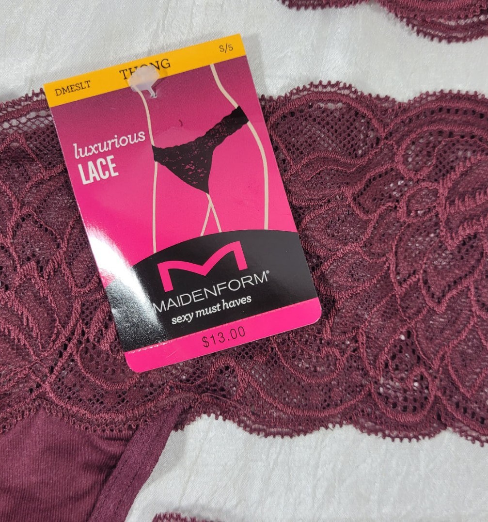 LOT: 3 Pairs Maidenform Luxurious Lace Thong Panties – Plum Wine – Sz S/5
