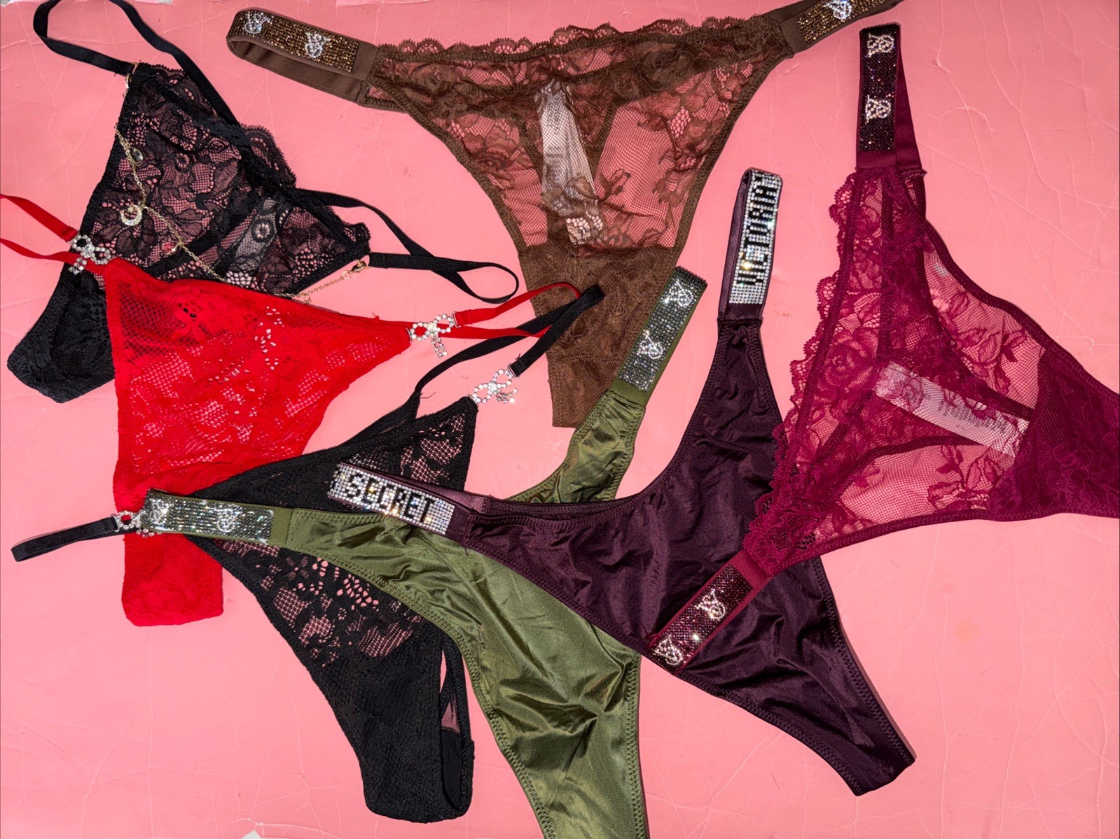 Victoria’s Secret XL THONG PANTY LOT Pink RED Green Black Brown LACE SHINE STRAP