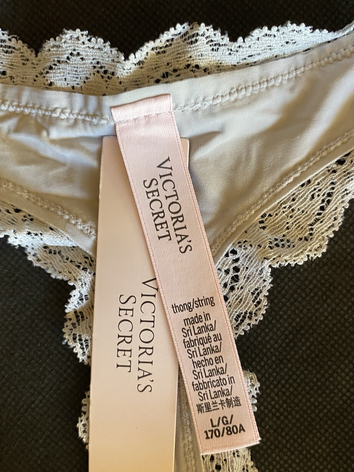 VICTORIA’S SECRET Size L Dream Angel Silver Pearl Lace-Trim Thong Panty NWT