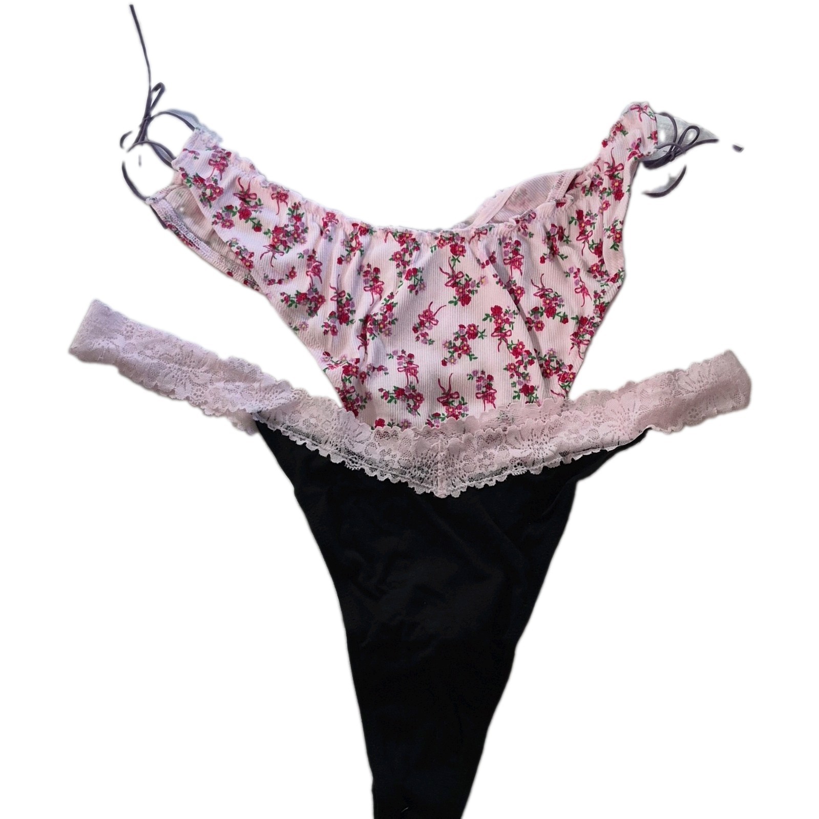 PINK Ribbed Floral Ruffle Lace Stretch Thong Panties Black/Pink XXL 1 Pack