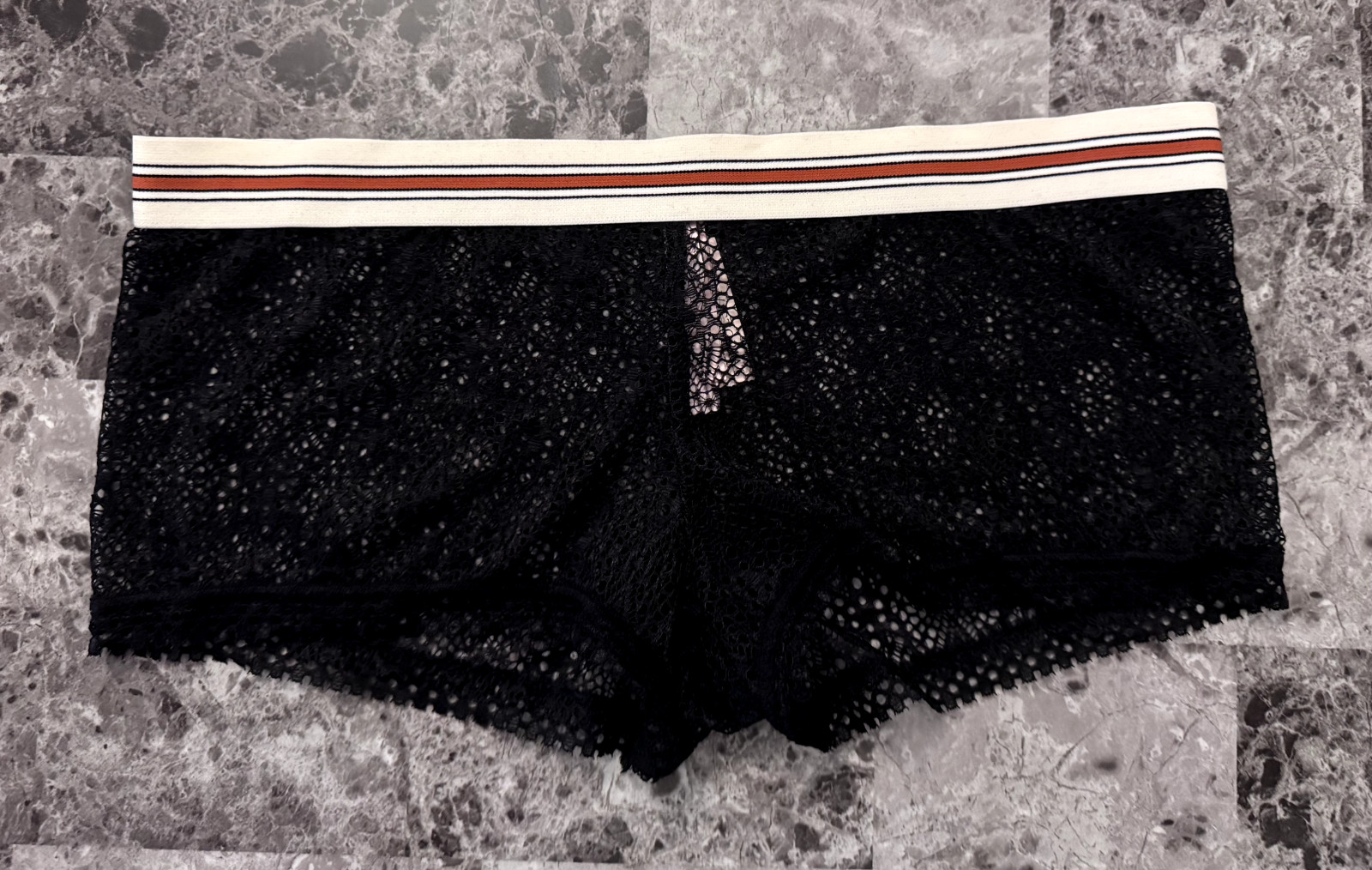 VICTORIA’S SECRET BLACK CROCHET LACE THICK STRIPE BAND SHORTIE BOYSHORT PANTIES