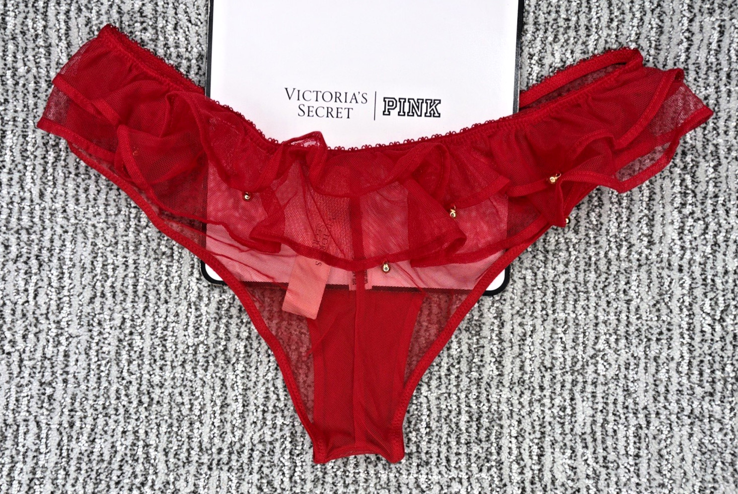 Victoria’s Secret Very Sexy NWT Medium Red Jingle Bell Mesh Ruffle Cheeky Panty