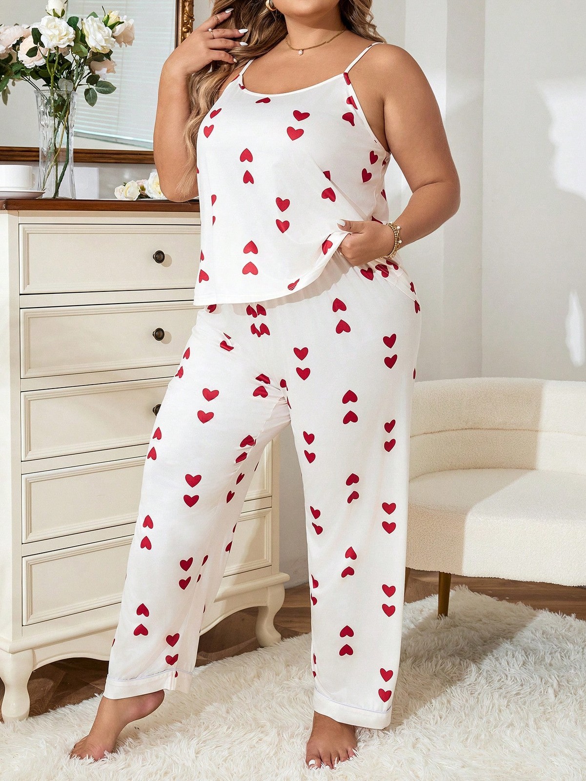 Plus pyjama set with cami top and trousers in heart pattern cheap24