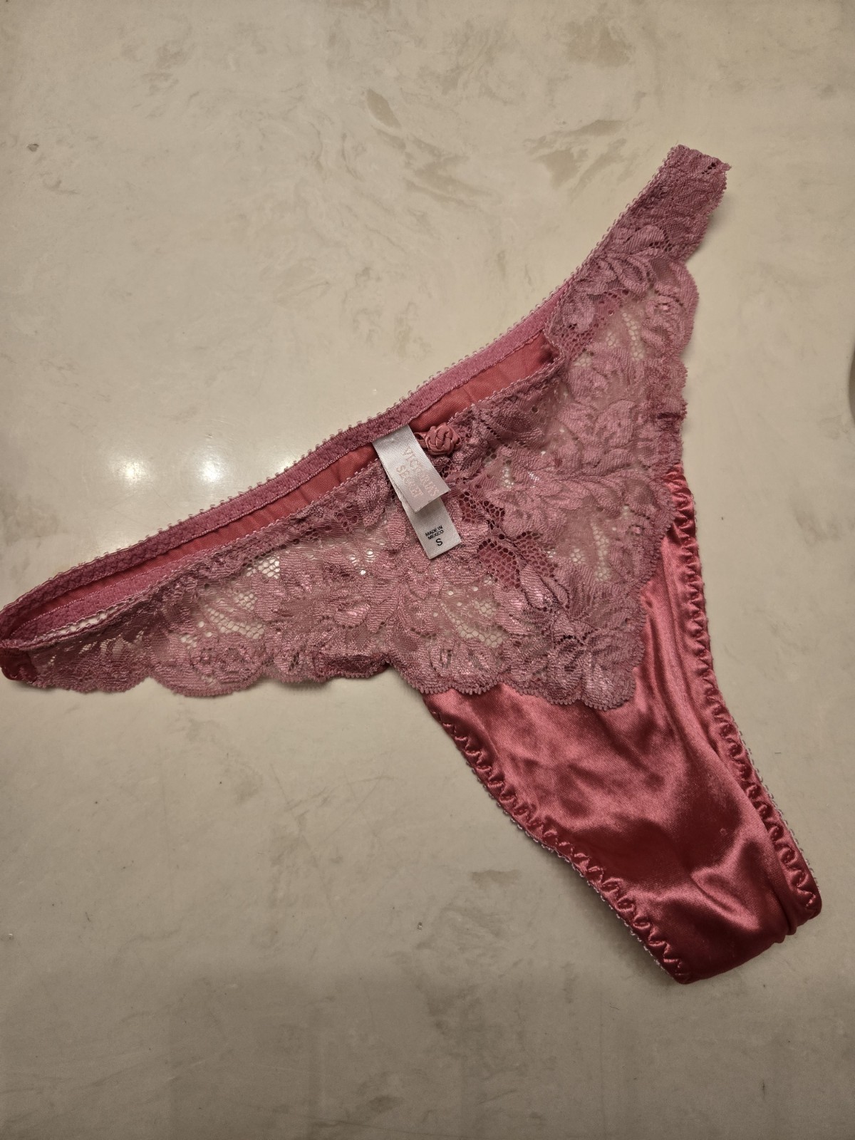 Vintage Victoria’s Secret Pink Satin Thong With Lace Accent Small 2000