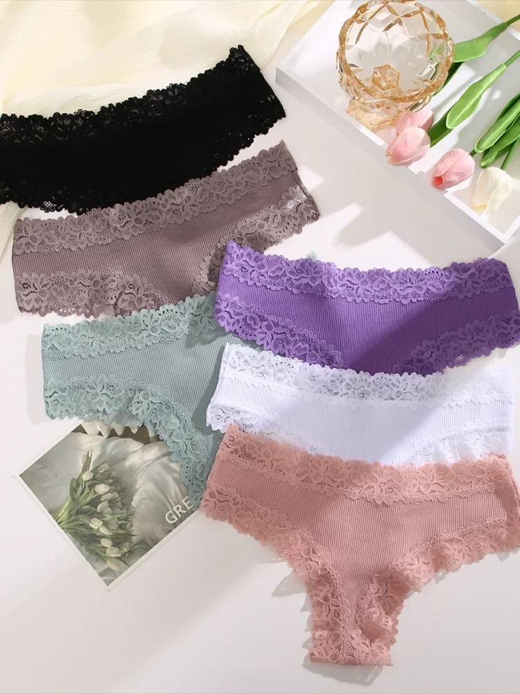 3PCS Bragas Mujer Encaje Algodón Patchwork Suave Ropa Interior S-XL