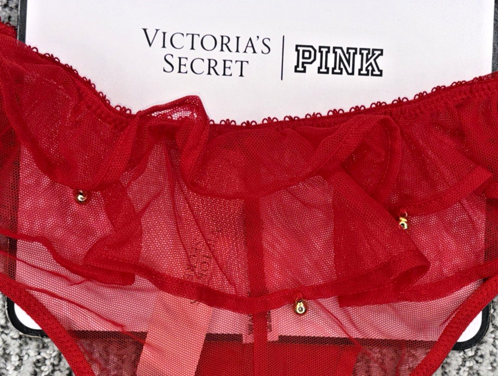 Victoria’s Secret Very Sexy NWT Medium Red Jingle Bell Mesh Ruffle Cheeky Panty