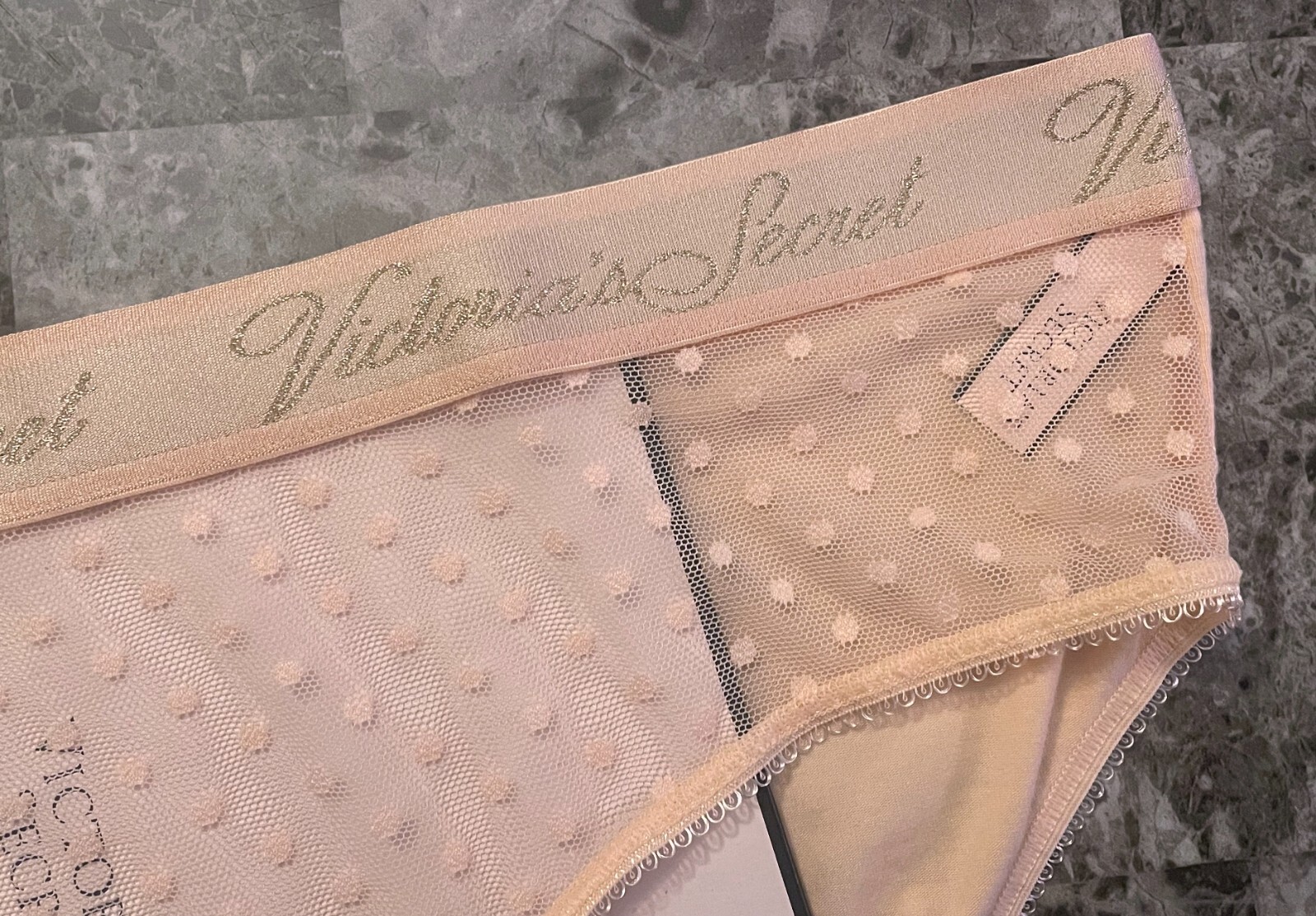 VICTORIA’S SECRET XL PEACH MESH POLKA DOT THICK LOGO BAND RARE HIPHUGGER PANTIES