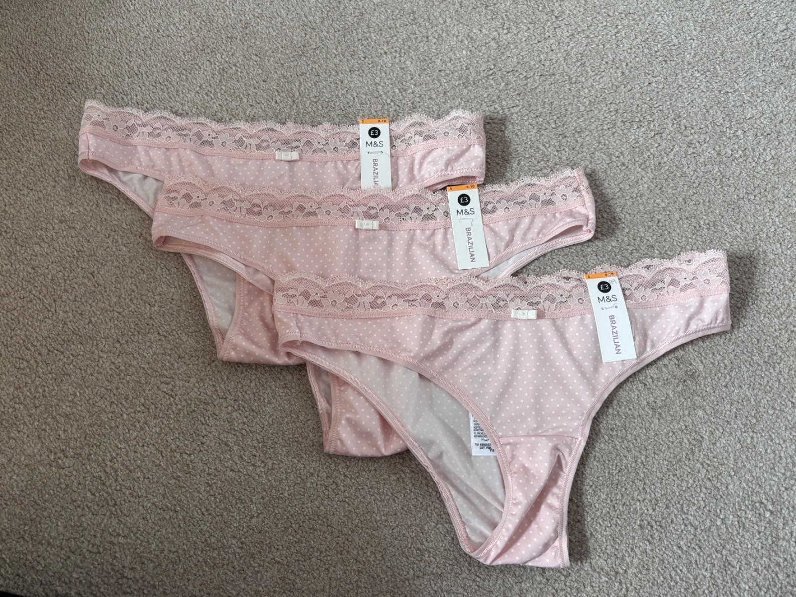 3 x Marks and Spencer M&S Women’s Ladies Pale Pink Brazlian Knickers Small 8-10