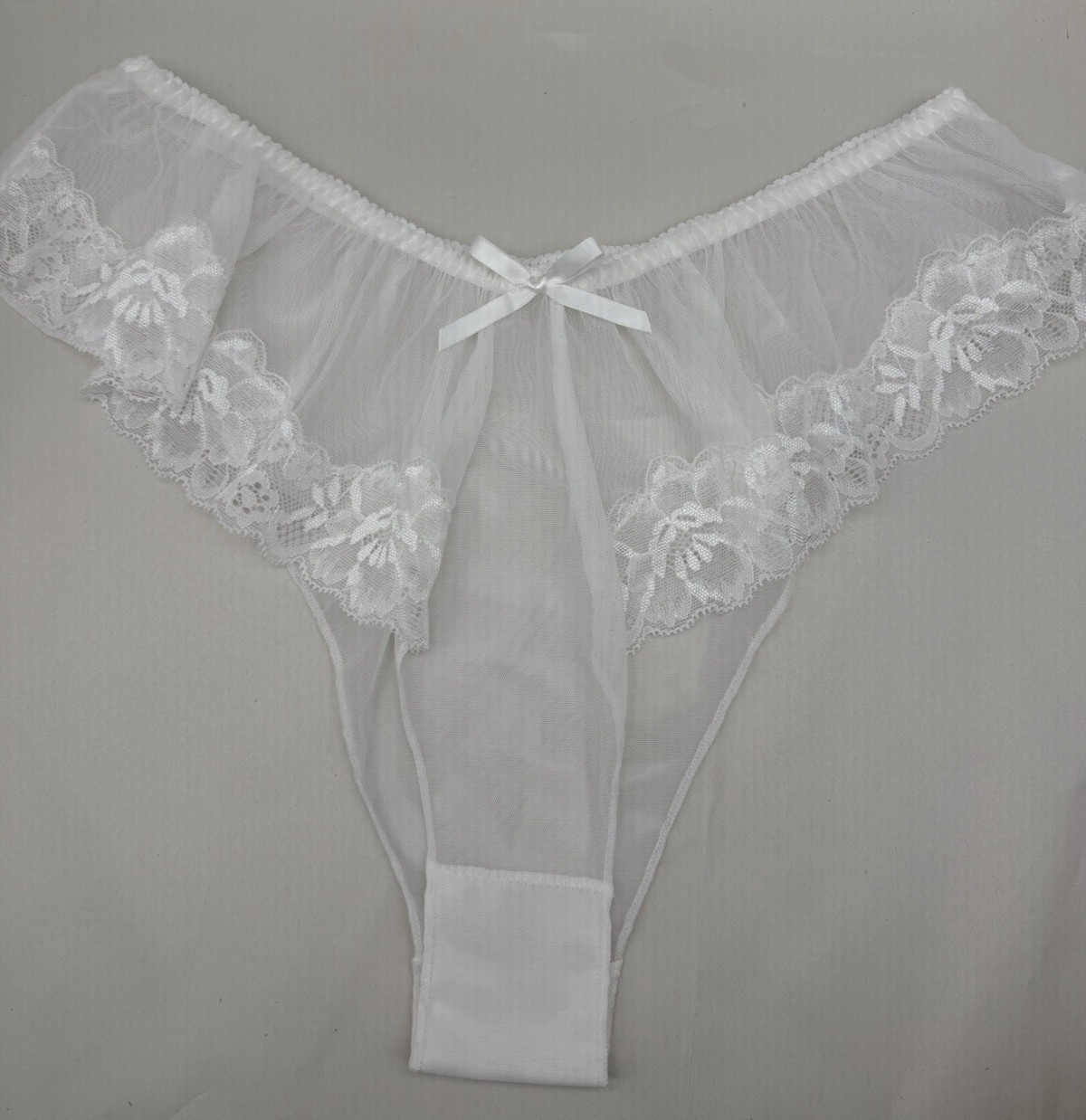 Women’s Lace Sheer Ruffle Thong Panties Bowknot Mid Rise Comfortable Underwear M