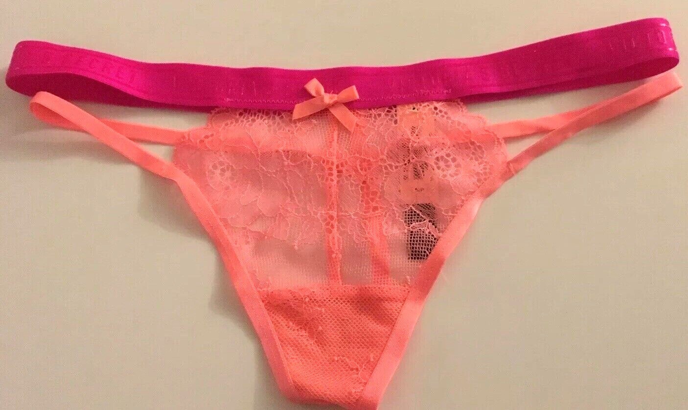 Victorias Secret Coral Lace Thong Panty Size XS Sexy Pink Logo Sport Waistband