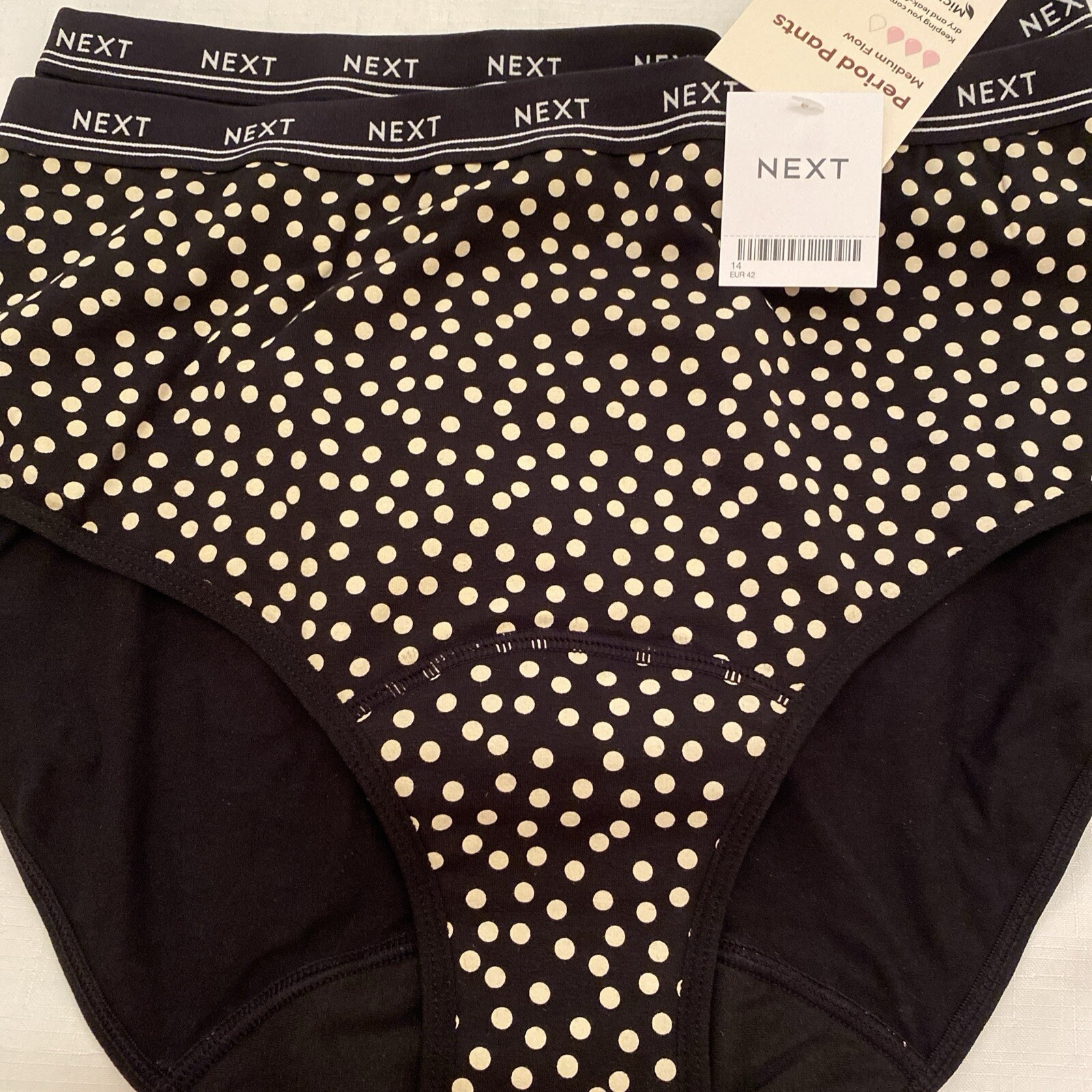NEXT Period Pants Medium Flow – New Black / Spots Full Brief Size 14