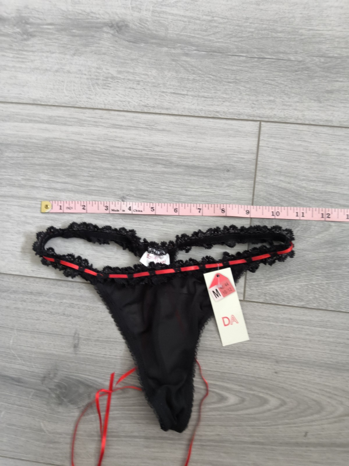 BNWT Vintage Daniel Axel Sheer Black Mesh & Ribbon Slotted Lace Thong Size 8-10
