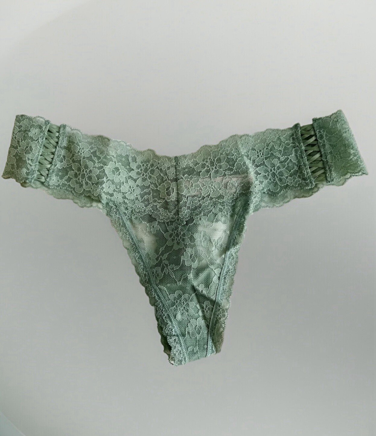 NWT Victoria’s Secret Double Lace Up THE LACIE Thong Panties Medium Green VS
