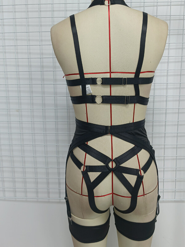 Strappy Harness,Adjustable, Underwire Racerback, 4pc Garter Sexy lingerie Set
