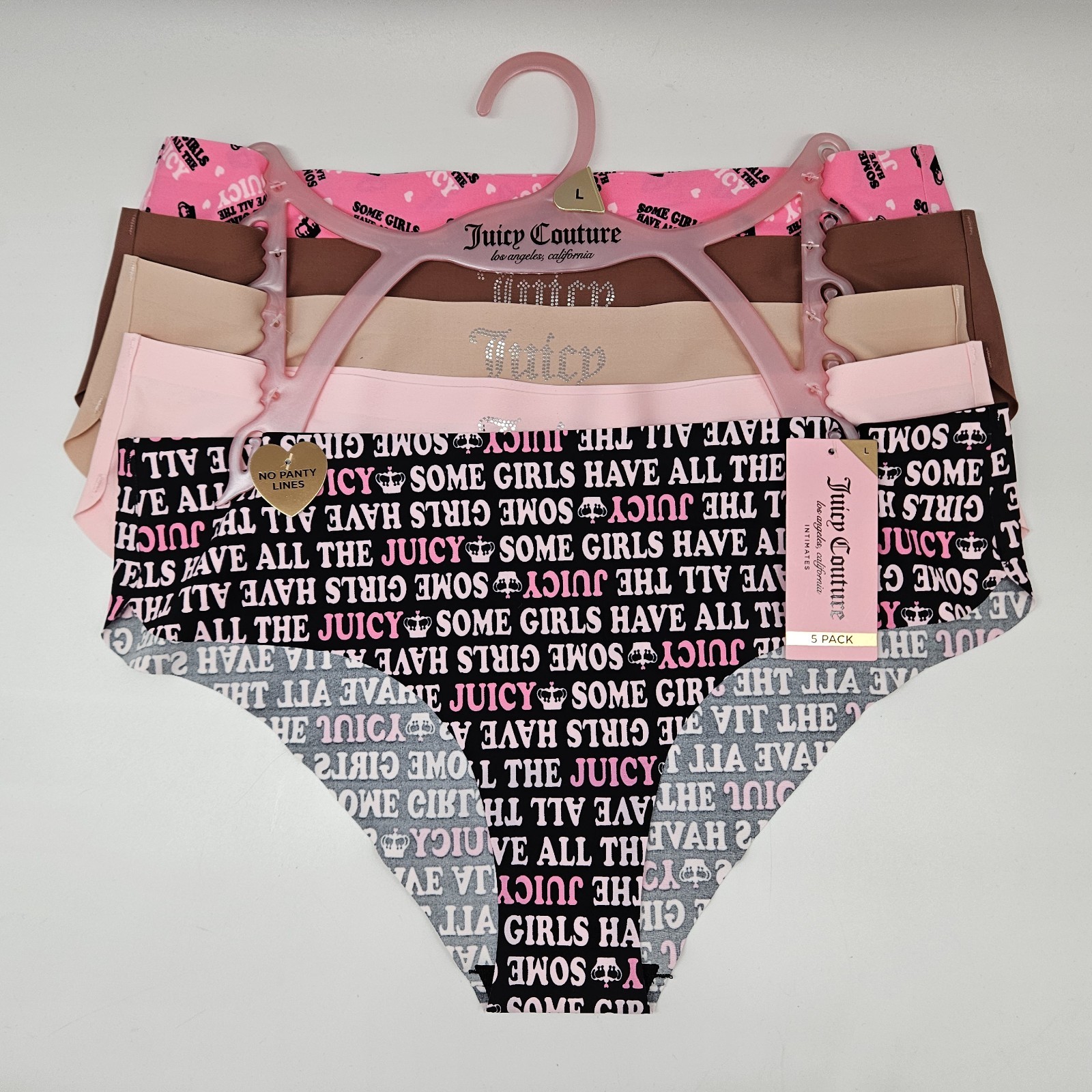 JUICY COUTURE 5 Pack Women Large No Panty Lines Logo Panties Fuchsia Brown Beige