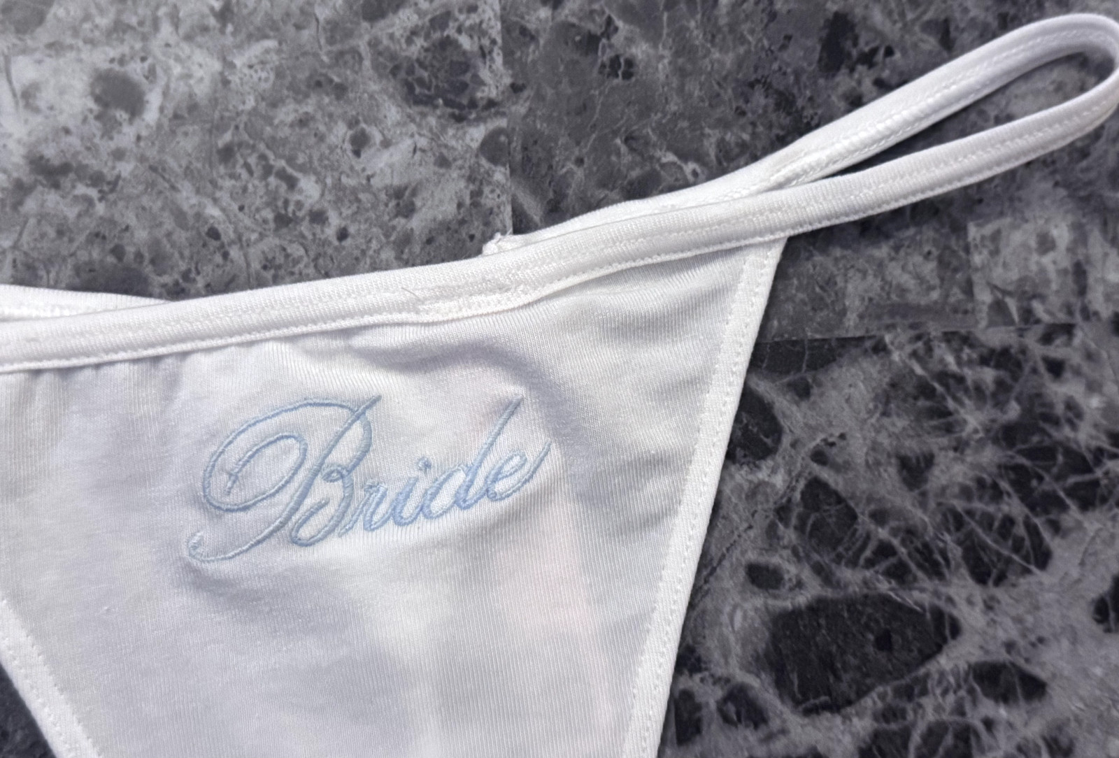 NWOT VICTORIA’S SECRET WHITE BLUE BRIDE EMBROIDERED BRIDAL V STRING PANTIES
