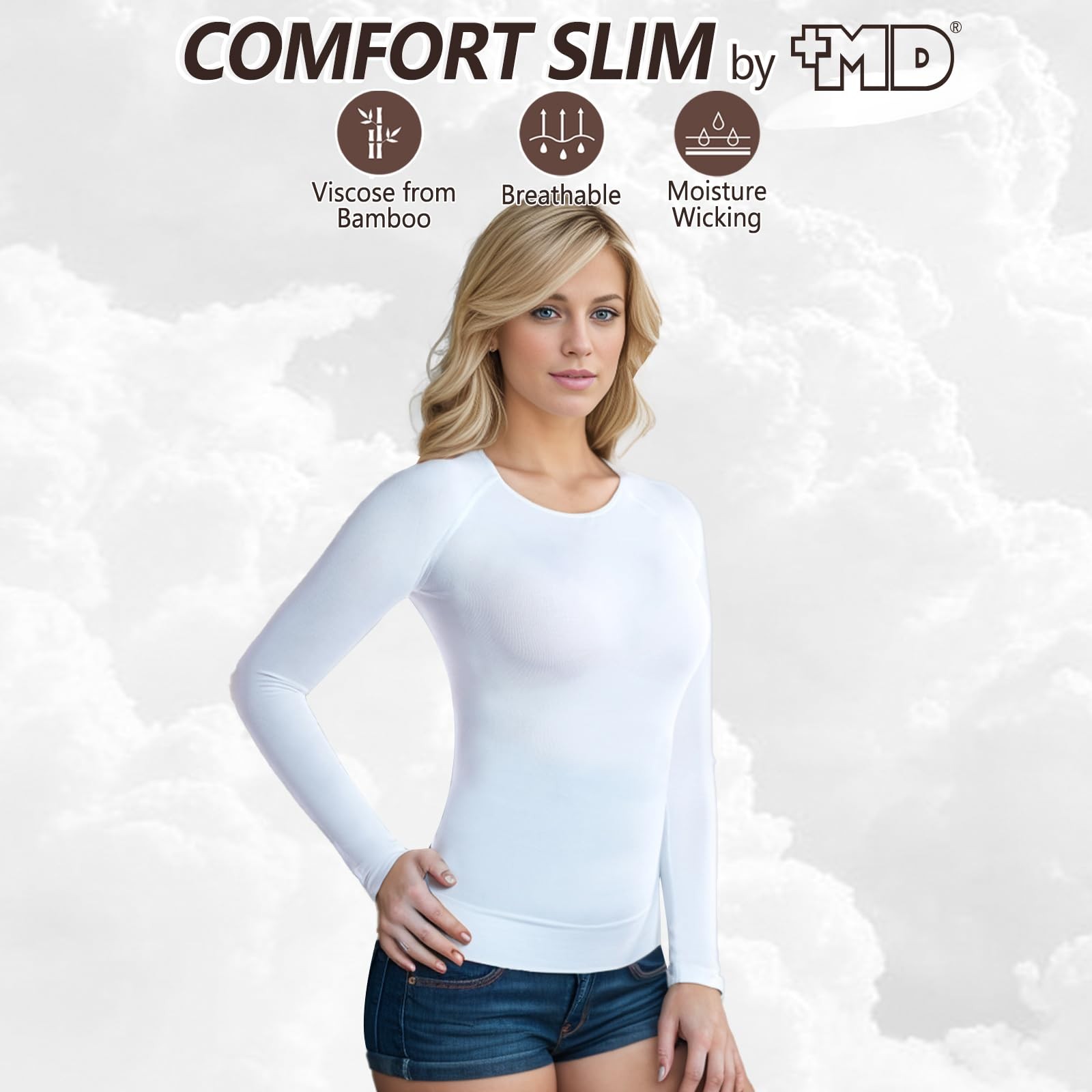 +MD Womens Long Sleeve Undershirts Tops, Round Neck Slim Fit Baselayer, Soft …