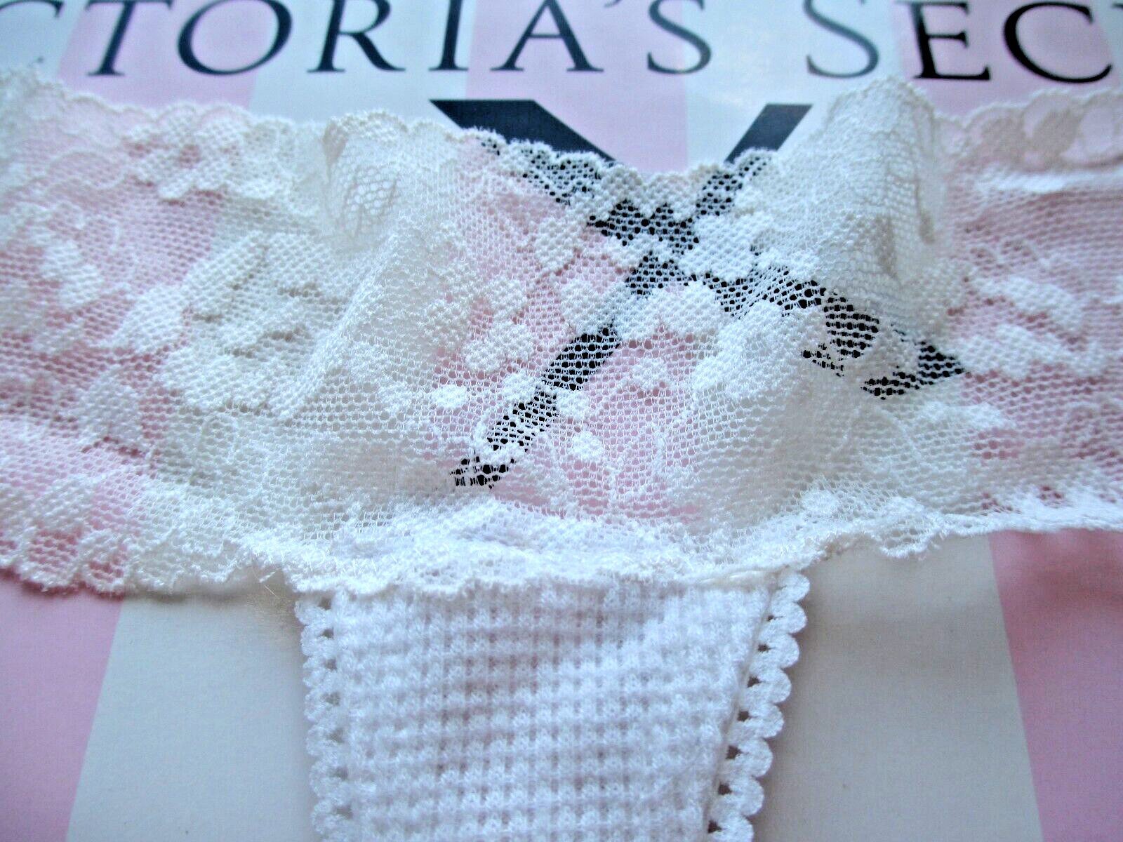 VICTORIA’S SECRET Thermal Thong Panty VS Coconut White M L Lace Waist NWT
