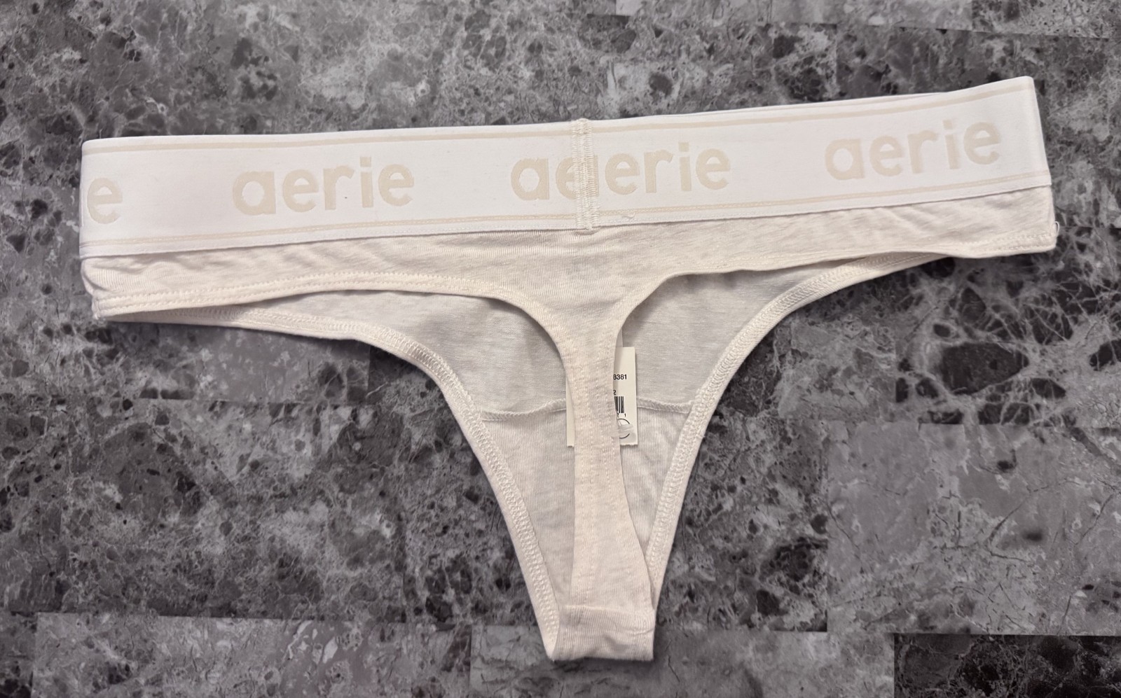 NWT AERIE AMERICAN EAGLE MEDIUM BEIGE NUDE LOGO THICK WAISTBAND THONG PANTIES