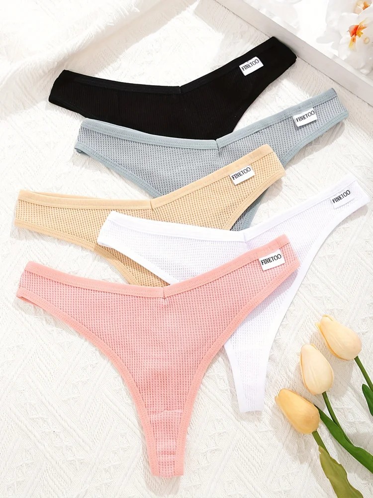 5pcs Womens Cotton Waffle Style G String Soft Thongs Panties