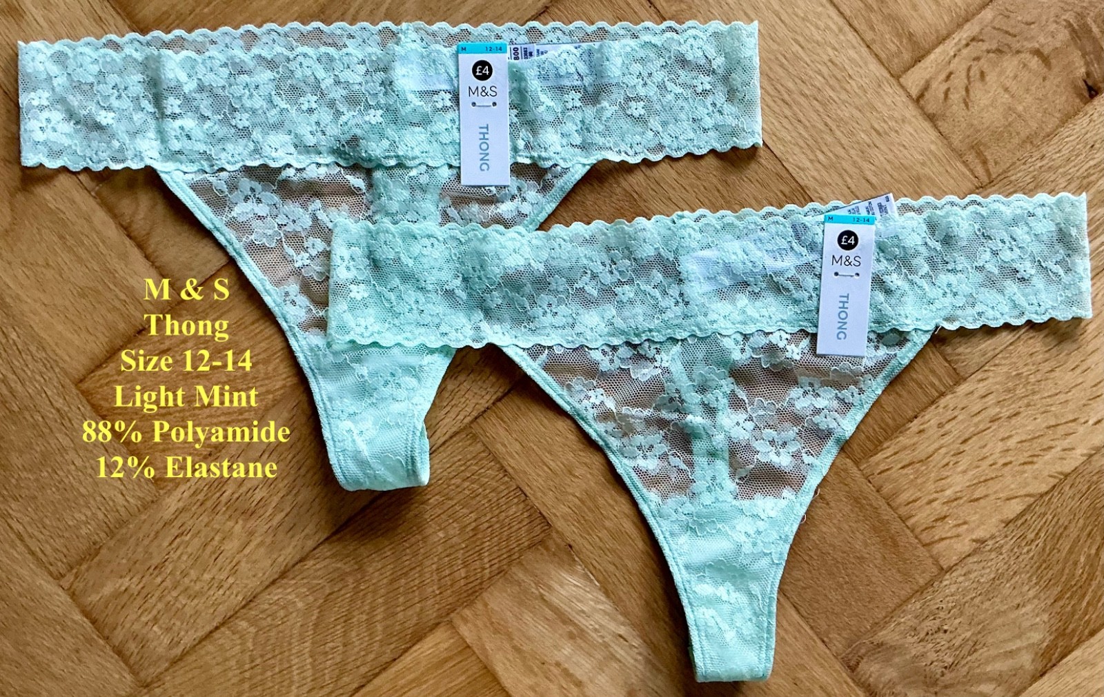 2 PACK M & S THONGS ~ 12-14 ( M ) ~LIGHT MINT ~ 88% POLYAMIDE 12% ELASTANE ~ NEW