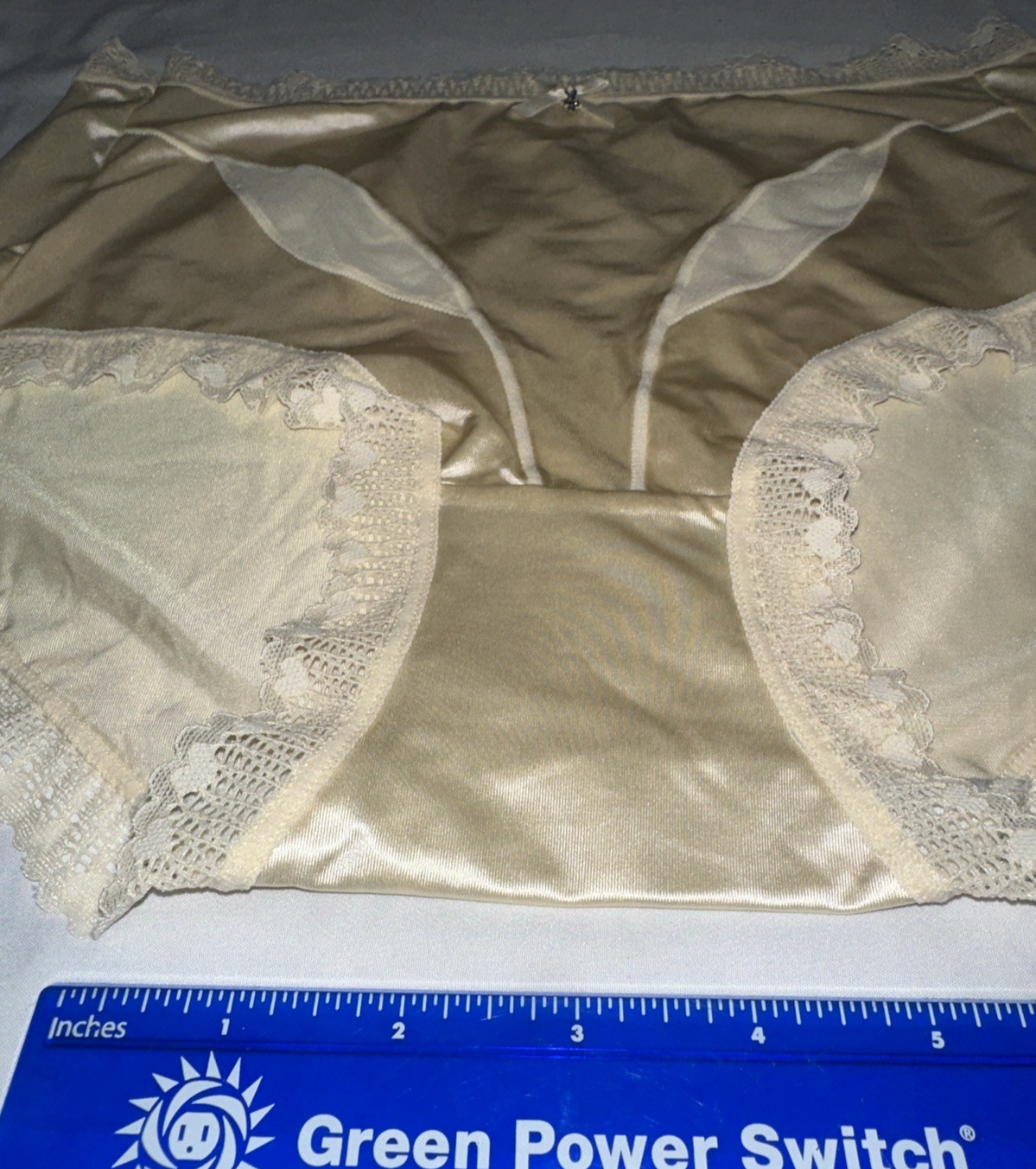 ~Shiny Large Ivory With Gem Nylon Lace Blended Panties W/Bow Heart In Lace