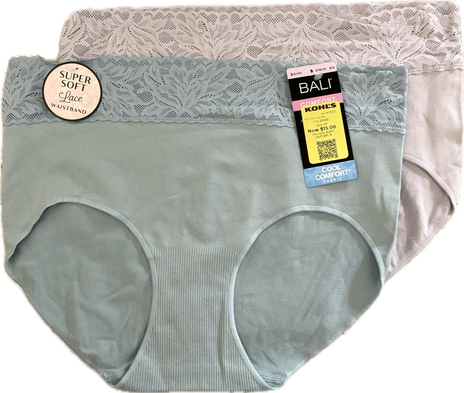 NEW Women’s Bali Medium 2-pack Seamless Lace Trim Brief DFMLB3 Blue & Lavender
