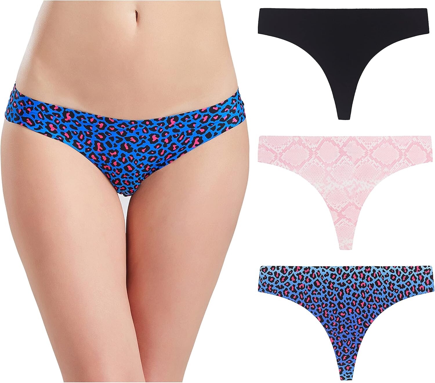 PLUMS Women’s 3 Pack Black Pink Blue Laser-Cut Seamless Thong Underwear Panties
