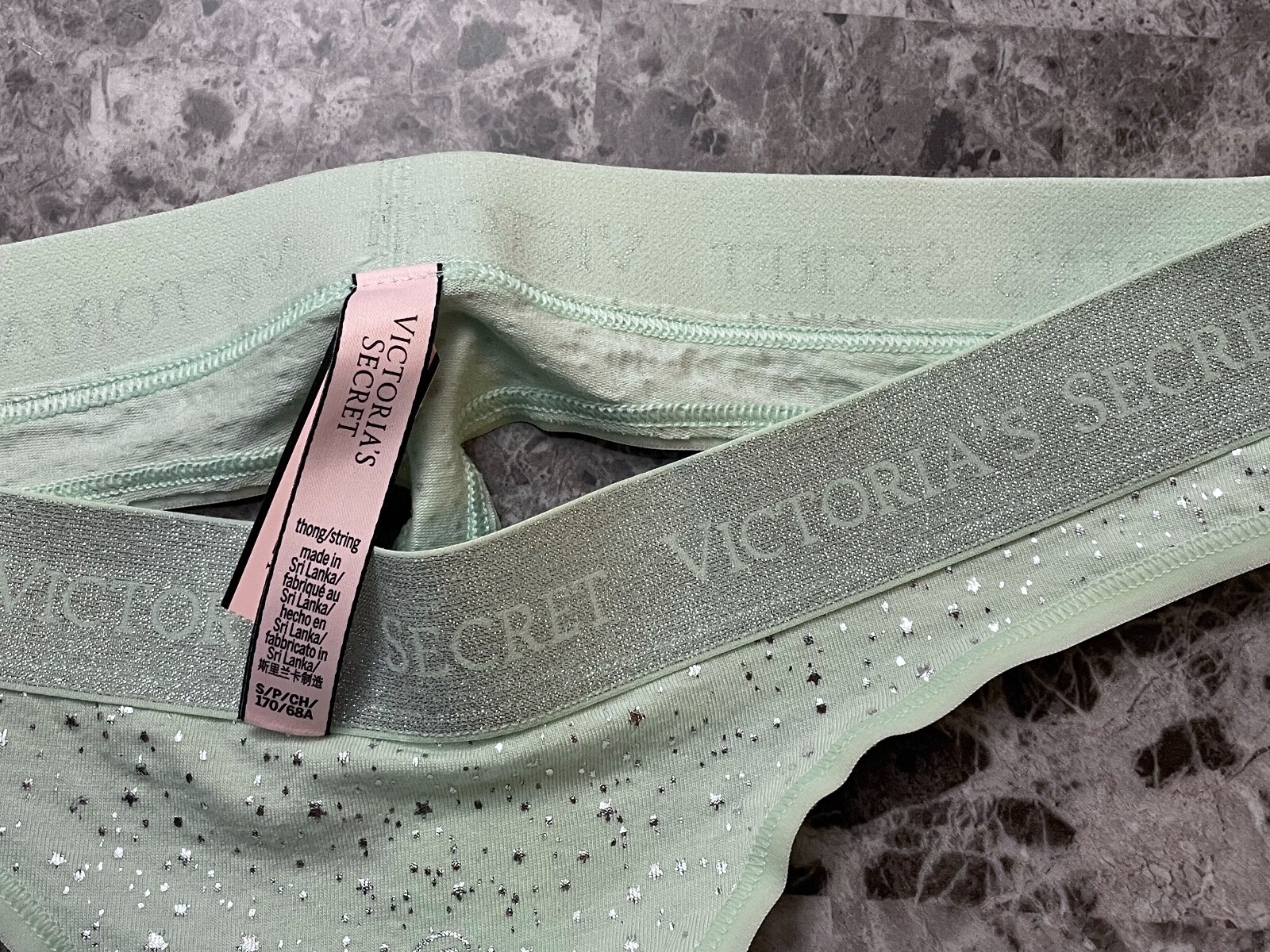 NWT VICTORIA’S SECRET GREEN SILVER STAR SHINE LOGO THICK WAISTBAND THONG PANTIES