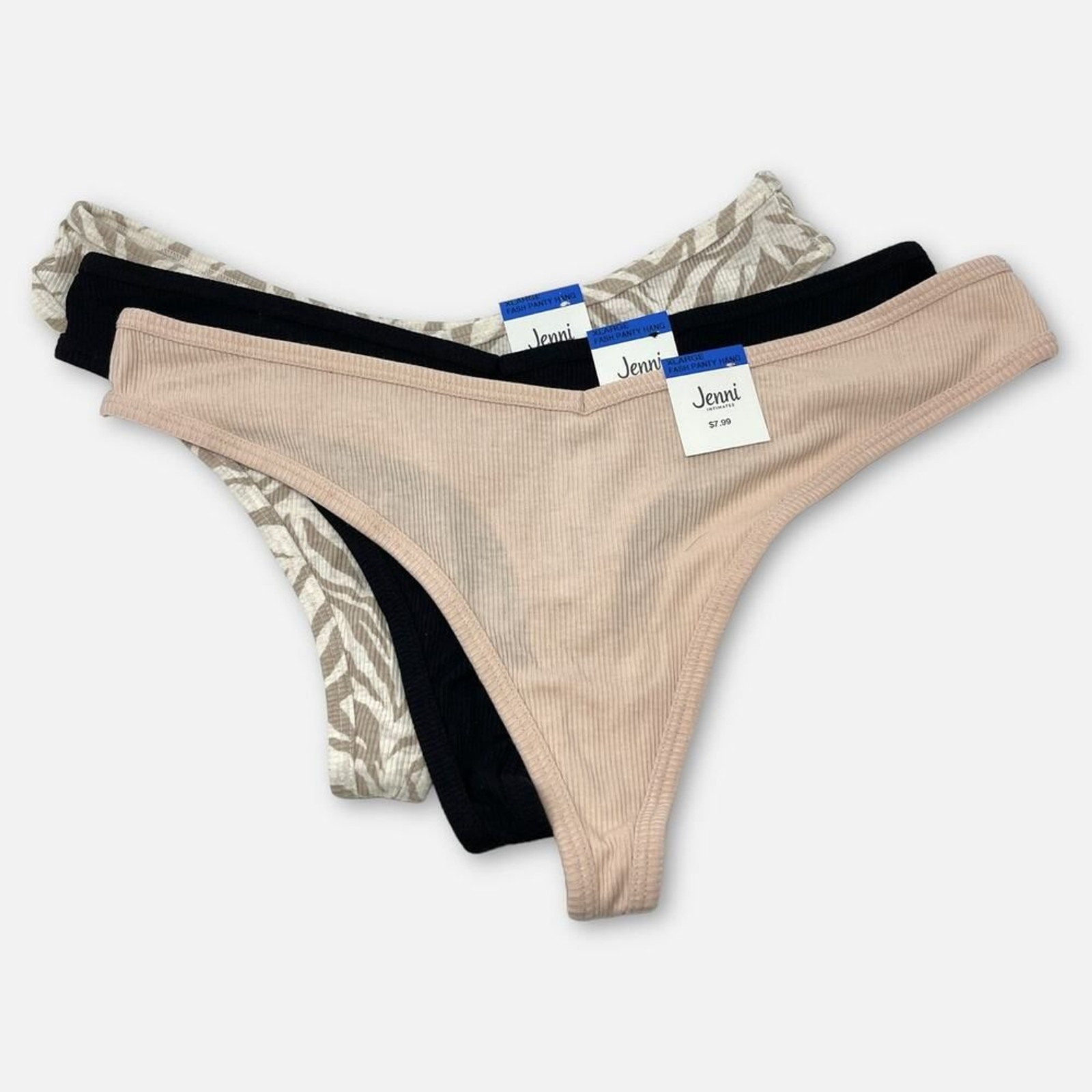 Jenni Women’s NEW 3 Pack Bundle Thong Panties Size XL Tiger, Chai, Deep Black