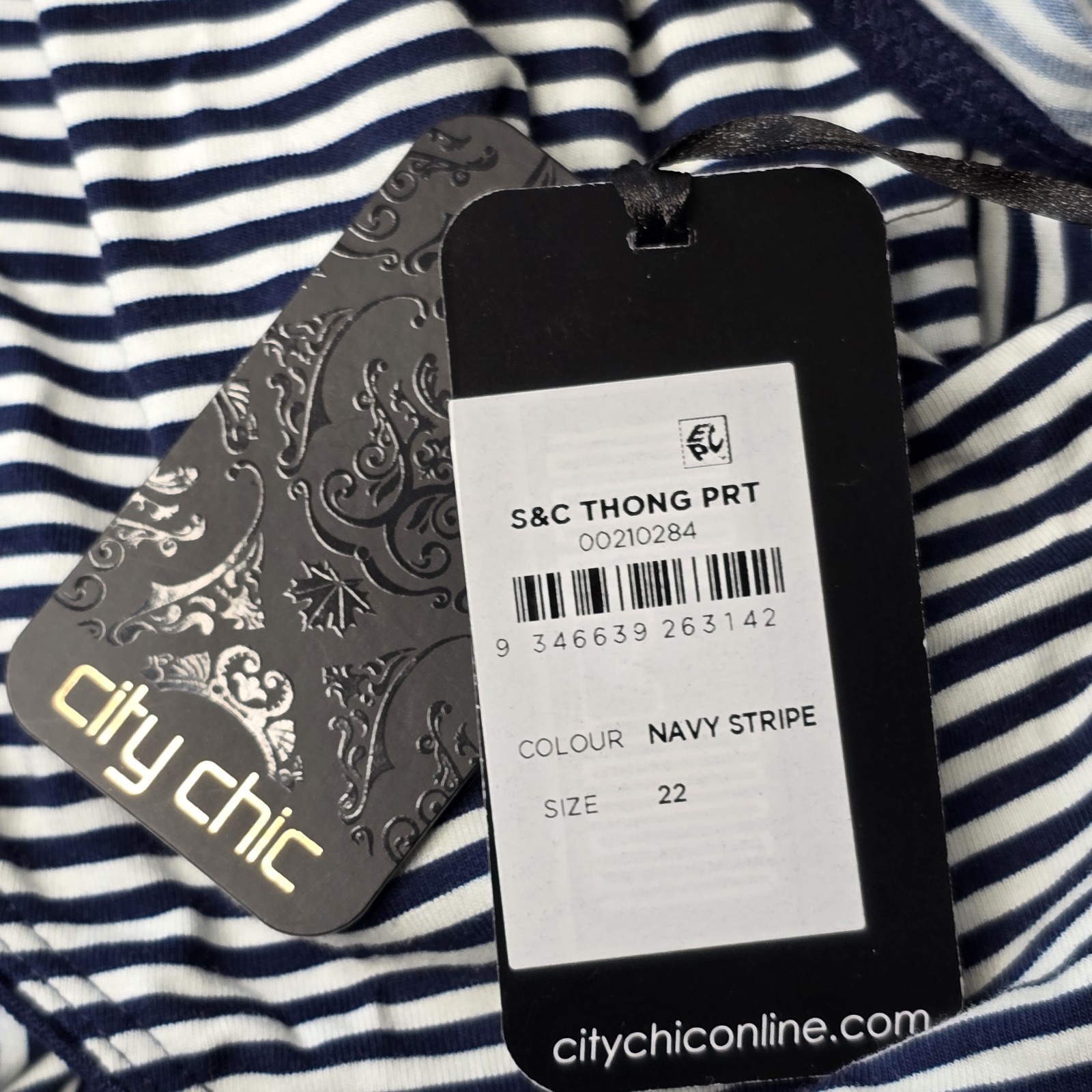 City Chic Ladies Smooth & Chic Thong Underwear size 22 Navy Stripe. 2 Pack