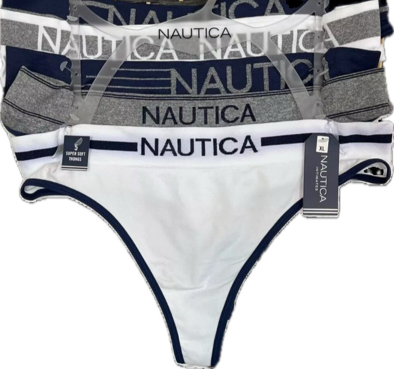 Nautica XL Navy-Gray-White Logo Wide Waistband Stretch Knit Thong Panties-5 Pk