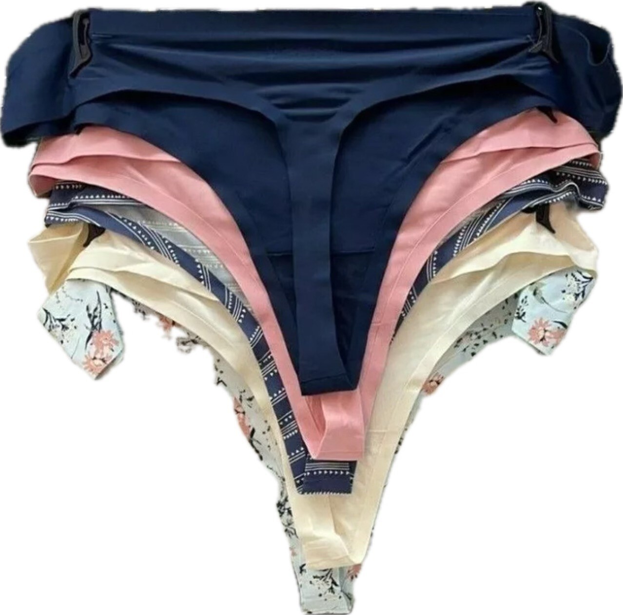 Lucky Brand XL Navy-Pink-Cream Array Bonded Seams Ultralight Thong Panties-5 Pk