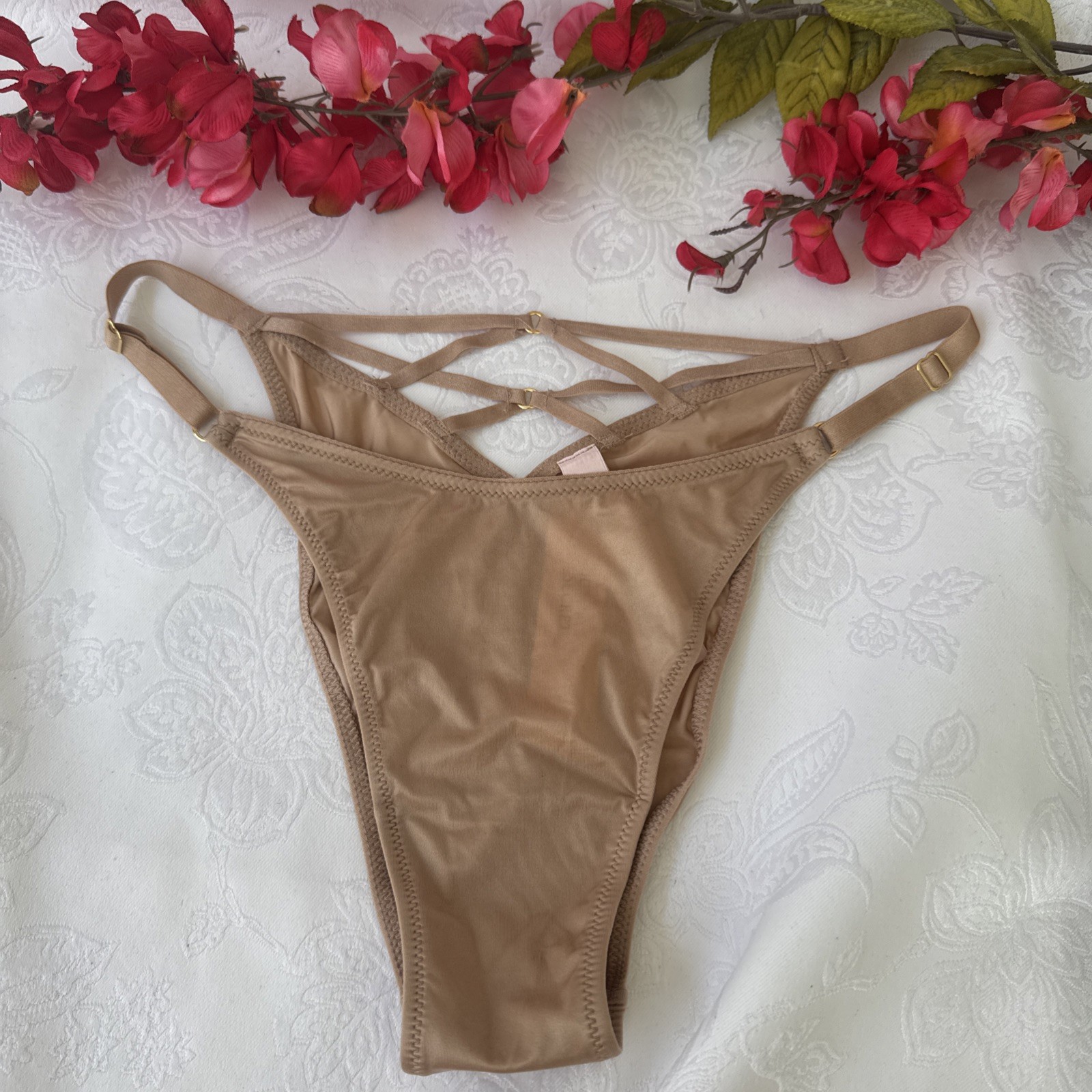 VICTORIA’S SECRET M NUDE TAN SILKY STRAPPY CUT OUT CHARM BRAZILIAN PANTIES NWT