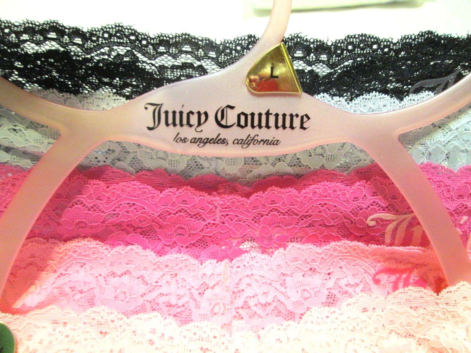 JUICY COUTURE Women’s SZ L- 5Pk Lace Logo Thong Panties Black /BLUE & pinks-NWT