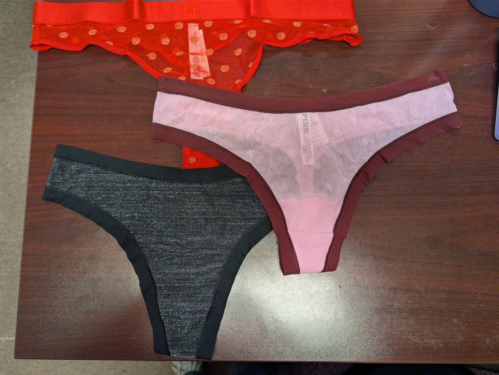 Victoria’s Secret Panty Lot Of 3 Thong Panty Red Black Pink XL NWT