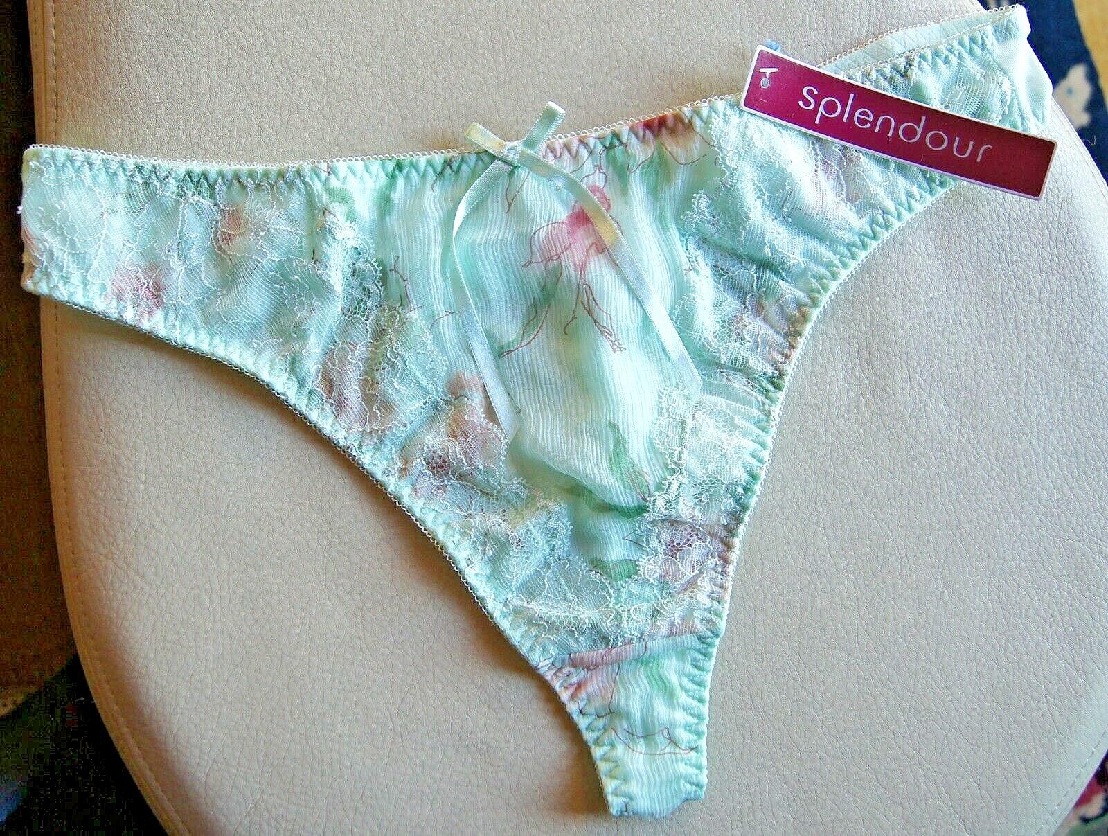 Splendour MINT Green/Brown Silk Chiffon/Lace High Leg Thong