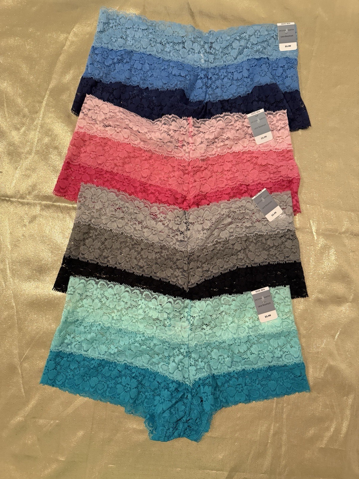 NWT 4 Pack Jaclyn Smith Stretchy Lace Boyshort Panties Colors Shown Size M/6