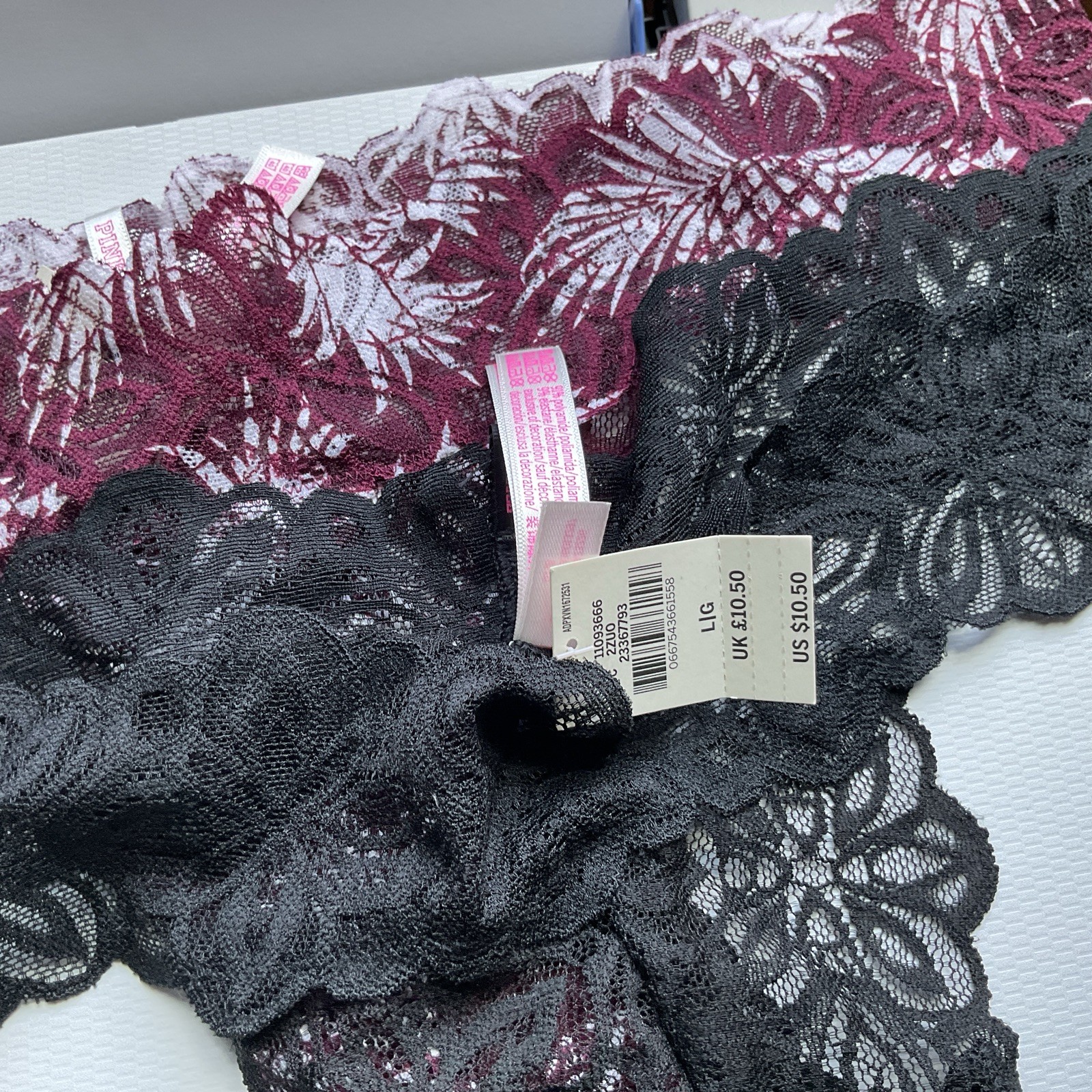 NWT*Victoria’s Secret/PINK set of 2 lace black /burgundy white L/G